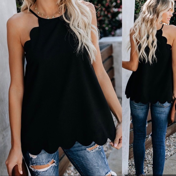 Tops - Black Scalloped Blouse Tank Sleeveless Top